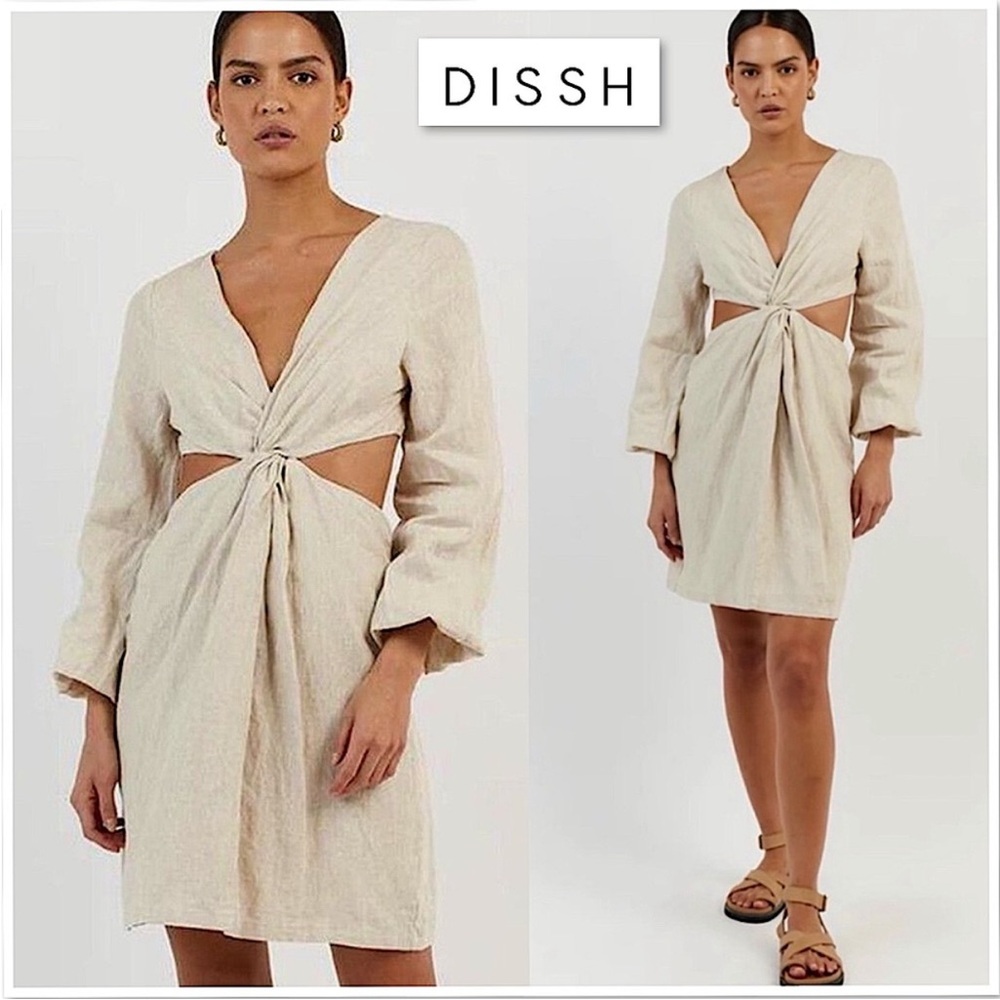 NWT DISSH Tina Natural Twist Mini Dress 2 Cream Cut-Out Midriff Balloon Sleeves